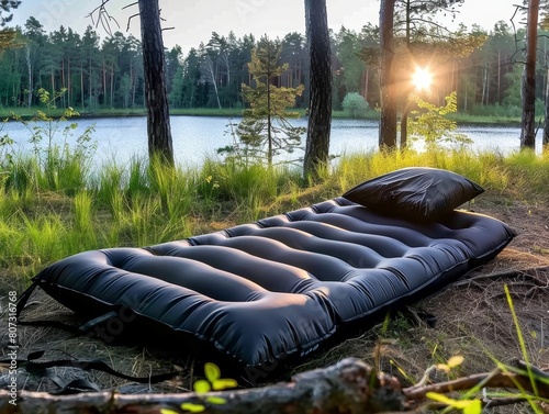 Efficiently designed inflatable camping mattress with a pillow featured in a portrait layout, capturing the essence of portable comfort