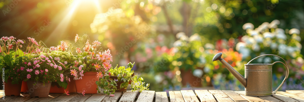 A wooden table displaying various potted plants and a watering can under the sunny garden