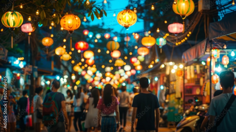 A group of individuals walking down a brightly lit street, surrounded by colorful lights creating a festive atmosphere. A group of individuals walking down a brightly lit street, surrounded by colorful lights creating a festive atmosphere.