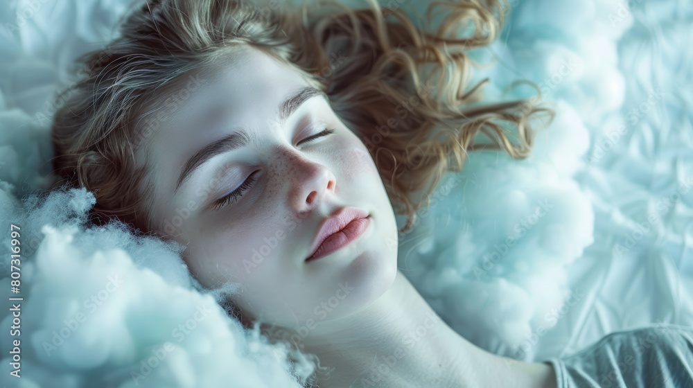 Gentle close-up of a young woman in slumber, with her head on a soft, cloud-shaped pillow, dreaming in the air