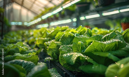 A greenhouse with lots of shelves with Lettuce, peking cabbage, iceberg cabbage photo