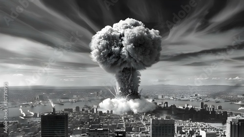 Atomic bomb explosion creates mushroom cloud in city during nuclear war. Concept Nuclear War, Atom Bomb, Mushroom Cloud, Destruction, Catastrophe photo