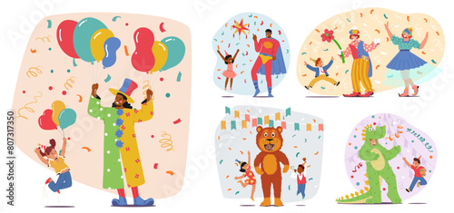 Joyous Children At A Festive Party With Entertainers Dressed As Superheroes, Animals, And Clowns, Engaging In Fun