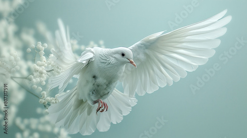 A white dove  bird elegantly flies through the air with its wings gracefully spread against a light blue background photo