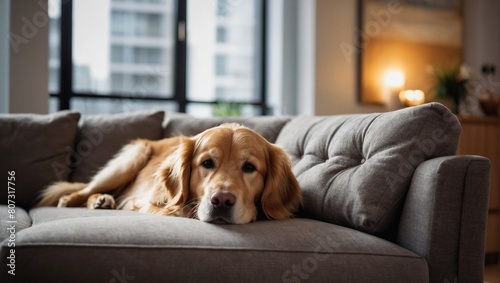 Cozy Canine Comfort, Golden Retriever Lounging on Modern Living Room Sofa © xKas