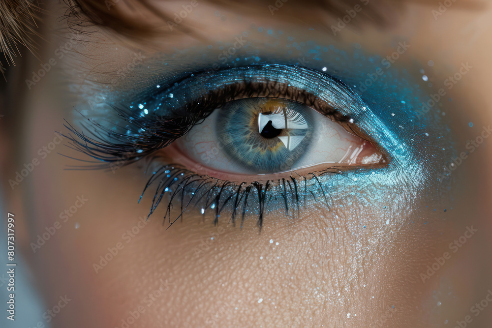 A detailed view of a persons eye with vibrant blue eye shadow makeup