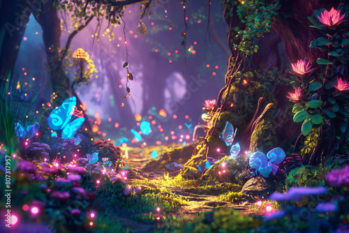 Magical forest comes to life  with glowing plants and whimsical creatures