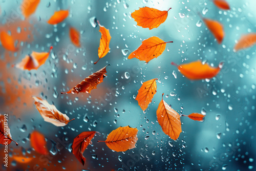 Rain falls, autumn leaves cascade down a wet window