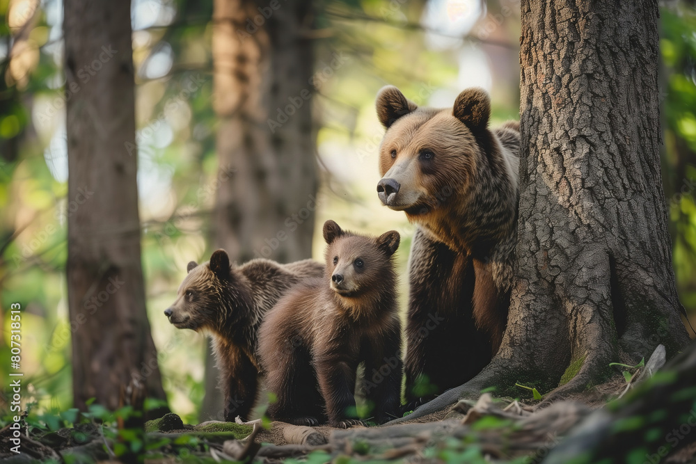 Fototapeta premium family of brown bear in the forest, nature wildlife photography.