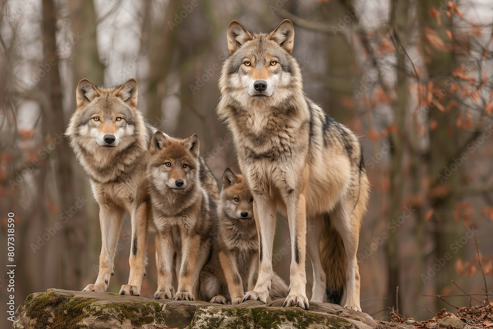 Fototapeta Photograph of a mother gray wolf and her cubs. looking at camera