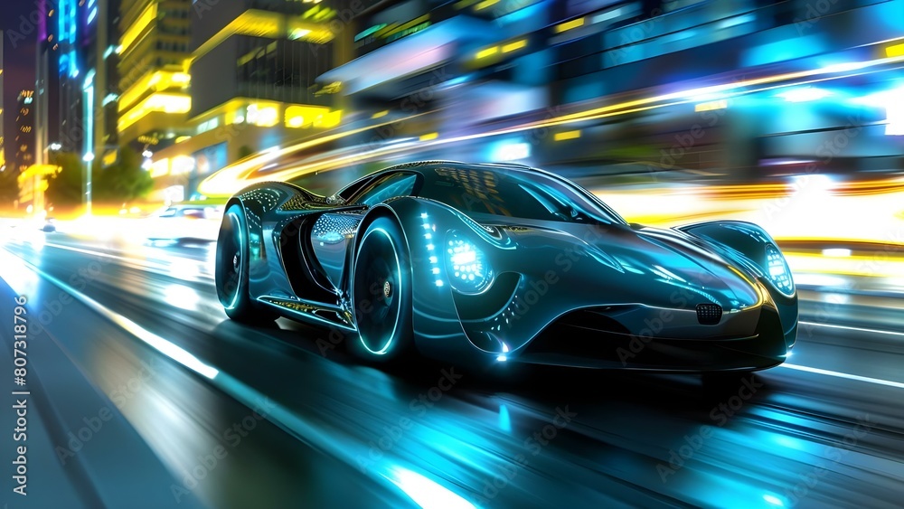 Futuristic luxury car speeding through city streets at night in timelapse. Concept Luxury Car, City Streets, Night Time, Timelapse, Futuristic Technology