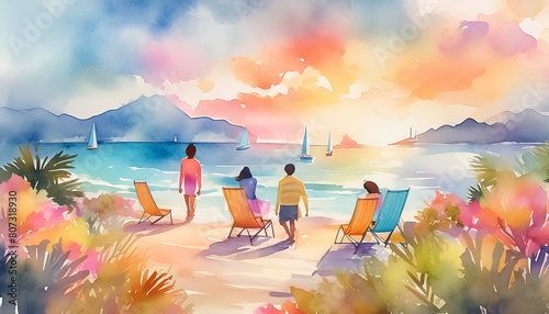 Watercolored art, people on a beach at a daylight. photo