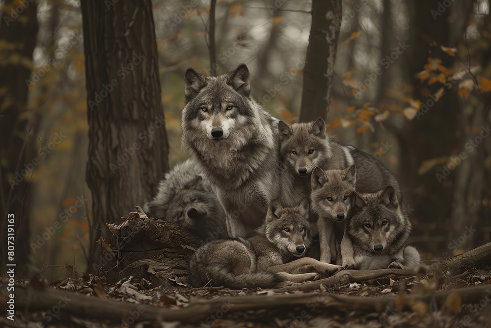 Naklejka premium Photograph of a mother gray wolf and her cubs. looking at camera