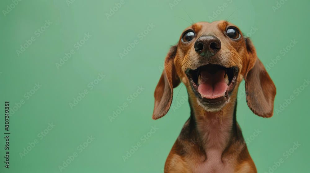 A dachshund dog displaying a surprised expression with its mouth agape and eyes wide open