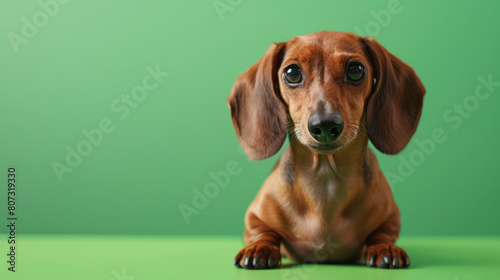 A brown dog is sitting on top of a green floor