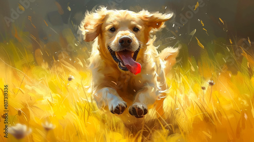 The playful Labrador retriever bounds through sun-kissed meadows, tongue lolling in pure joy. photo