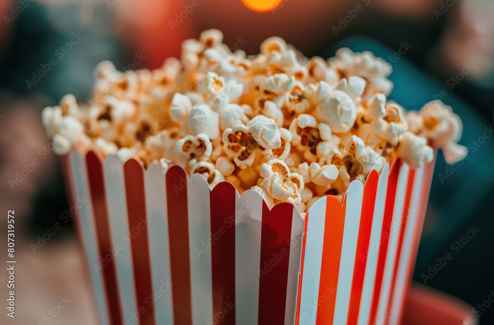 A red and white striped bucket overflowing with freshly popped popcorn A red and white striped bucket overflowing with freshly popped popcorn