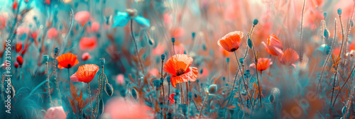 A field filled with red poppies and blue flowers, creating a colorful and lively scene © reddish