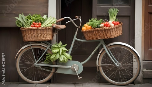 A vintage bicycle with a wicker basket filled with