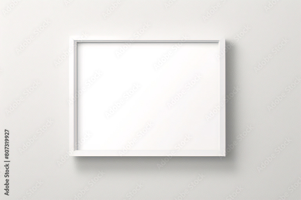 Marco blanco apoyado en el suelo blanco en maqueta interior. Plantilla de una imagen enmarcada en una representación 3D de pared Marco blanco apoyado en el suelo blanco en maqueta interior. Plantilla de una imagen enmarcada en una representación 3D de pared