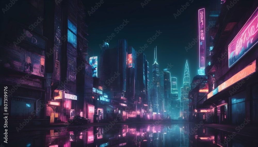 A cityscape at night with neon lights and reflecti upscaled 3