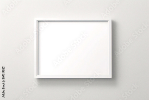 Marco blanco apoyado en el suelo blanco en maqueta interior. Plantilla de una imagen enmarcada en una representación 3D de pared photo