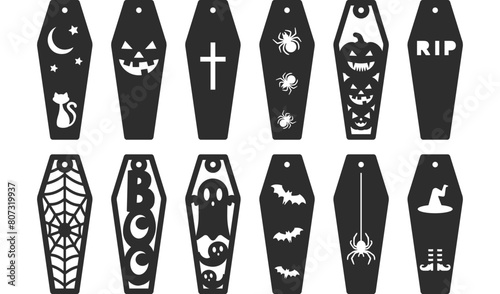 Set of 12 Halloween vertical bookmarks with coffin shape. Laser cut template. Decorative bookmark stencil for paper, wood and metal cutting. Vector design.