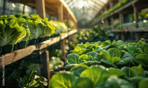 A greenhouse with lots of shelves with Lettuce, peking cabbage, iceberg cabbage