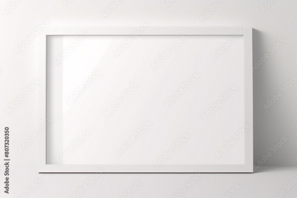 Marco blanco apoyado en el suelo blanco en maqueta interior. Plantilla de una imagen enmarcada en una representación 3D de pared Marco blanco apoyado en el suelo blanco en maqueta interior. Plantilla de una imagen enmarcada en una representación 3D de pared
