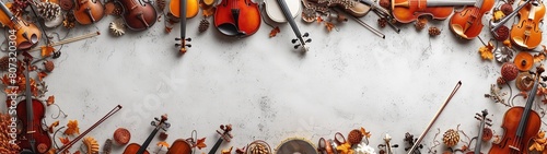 violin and bow border background arrangement, musical instrument frame border background photo