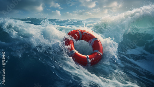 lifebuoy on a dark background with waves and a stormy sky. 3 d render. photo