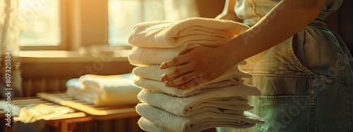 close-up of a woman folding white towels