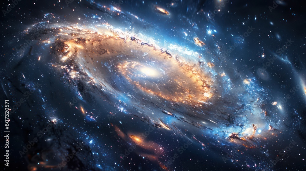 An illustration of a spiral galaxy with bright orange and blue colors.