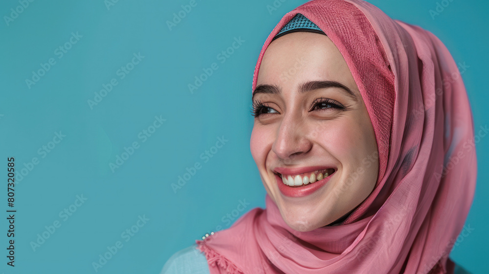 A positive Muslim woman smiling happily while wearing a traditional pink headscarf A positive Muslim woman smiling happily while wearing a traditional pink headscarf