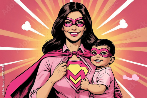Smiling pink superhero mom holding child, comic book style. International Mother's day Illustration