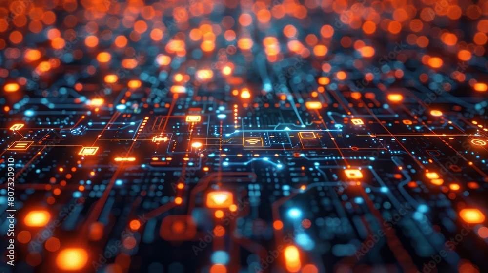Obraz premium Circuit board with orange and blue lights.