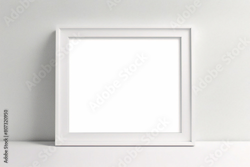 Marco blanco apoyado en el suelo blanco en maqueta interior. Plantilla de una imagen enmarcada en una representación 3D de pared