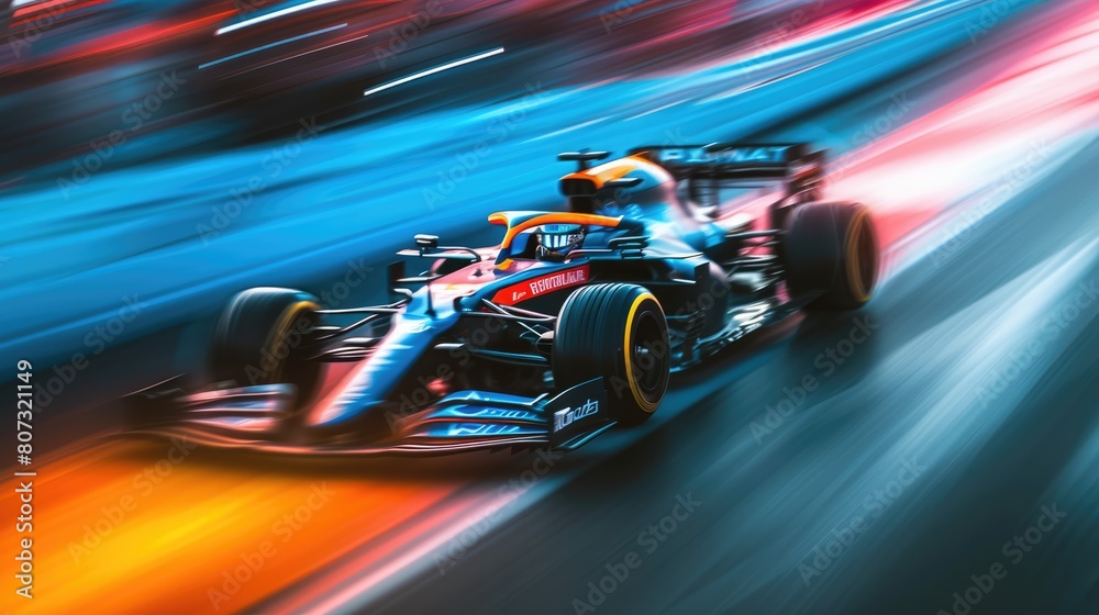 Racing car moving at high speed along racetrack with high speed with blurring. Racing car, propelled by the immense power of engine, hurtles down racetrack with slicing through the air. AIG42.