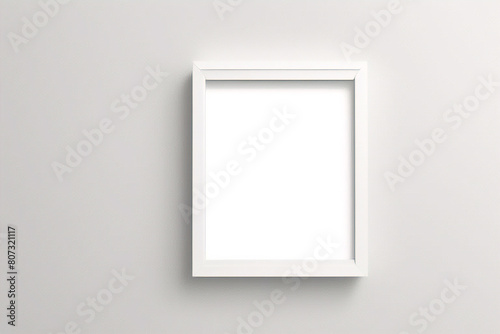 Marco blanco apoyado en el suelo blanco en maqueta interior. Plantilla de una imagen enmarcada en una representación 3D de pared