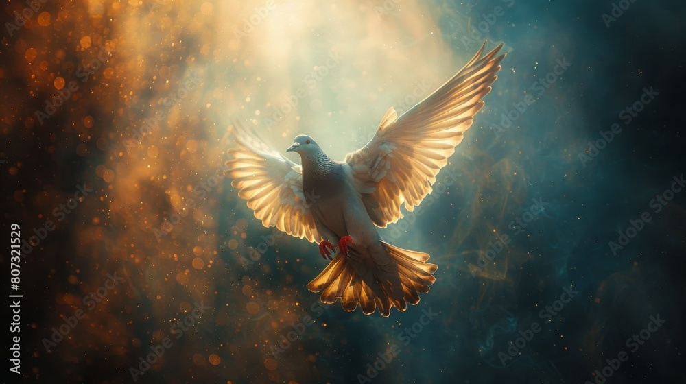 White Dove Flying in Sky With Sun in Background White Dove Flying in Sky With Sun in Background