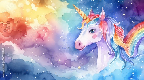A beautiful watercolor painting of a unicorn with a rainbow mane and tail, standing in a field of flowers.
