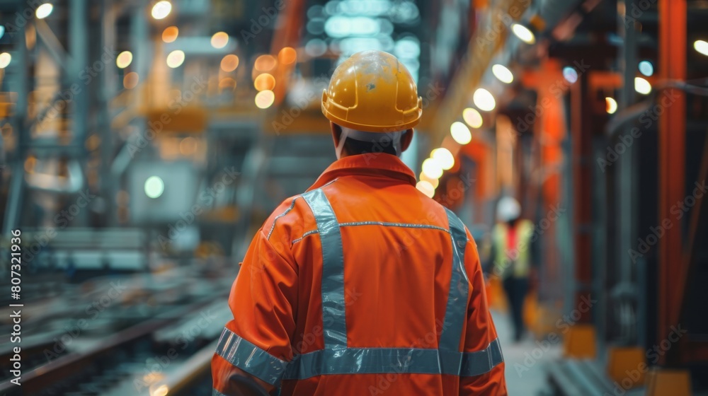 A man wearing an orange safety jacket and hard hat at a construction site. A man wearing an orange safety jacket and hard hat at a construction site.