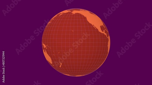Rotating earth. Normal sphere view. Slow speed globe rotation. Solid color style. World map with dense graticule lines on Saturation background. Astonishing animation. photo