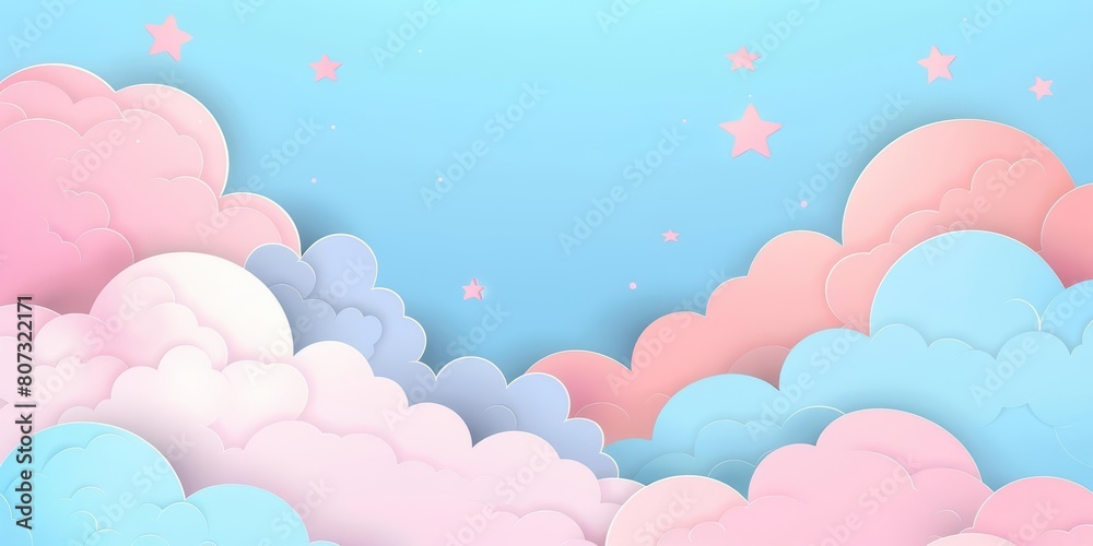 A background of pink and blue pastel clouds with stars