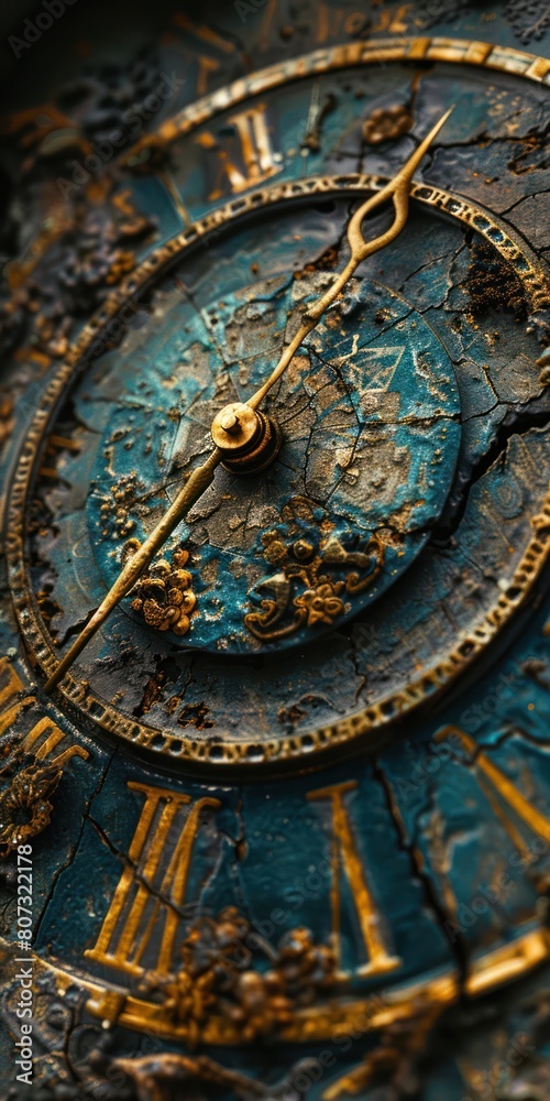 Obraz premium A closeup of an old, ornate clock with a turquoise patina and gold hands.