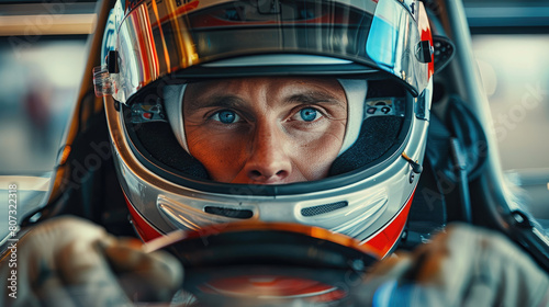 Inside of race car, male driver, blue eyes, wearing racing suit, clear visor, thick gloves, turning steering wheel. Generative AI. © visoot