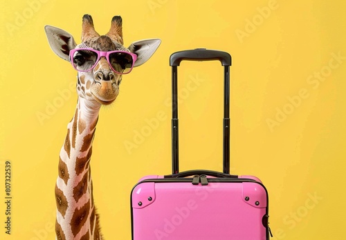 A quirky giraffe donning sunglasses and holding a pink suitcase, humorously embodying a traveler ready for a summer vacation adventure