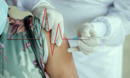 Vaccine damage concept, medical person injecting patient with flatline emerging from the needle