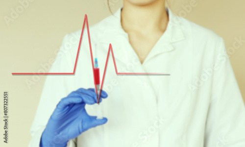 Doctor holding a syringe, Doctor holding a syringe ready to use with flatline drawn over the image