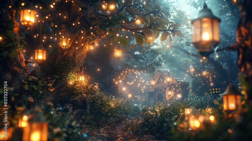 A magical forest with a path leading through it. The trees are tall and ...